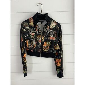 Ed Hardy Black Crop Zip Up Track‎ Jacket All Over Tattoo  S Nwot Y2K 0627